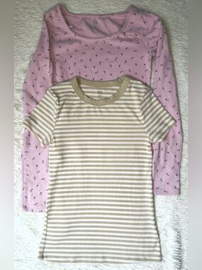 SO Pink Floral Long Sleeve & Cream Striped Short Sleeve Top Set